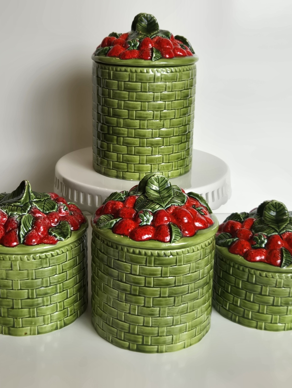 Vintage Ceramic Basketweave Canister Set with Strawberry Lids